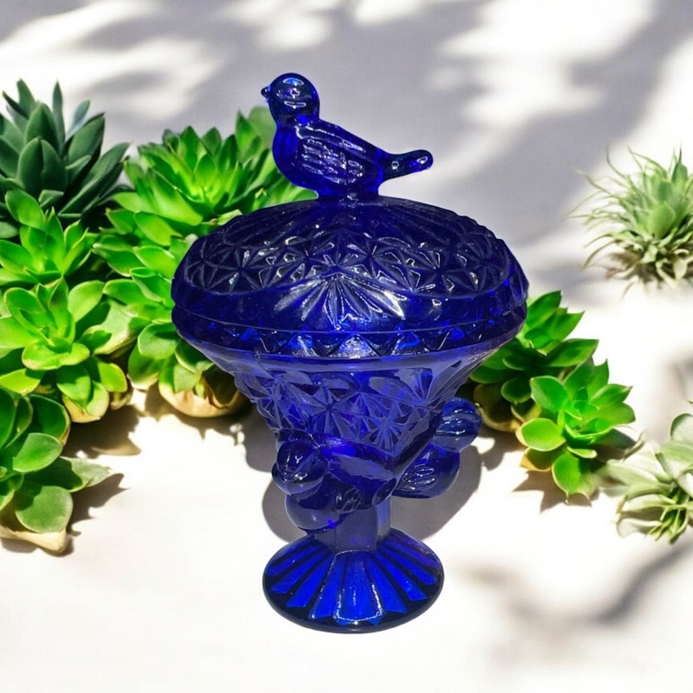 Vintage Hofbauer Byrdes Crystal Cobalt Blue Bird Candy/ Trinket Dish with Lid 4”